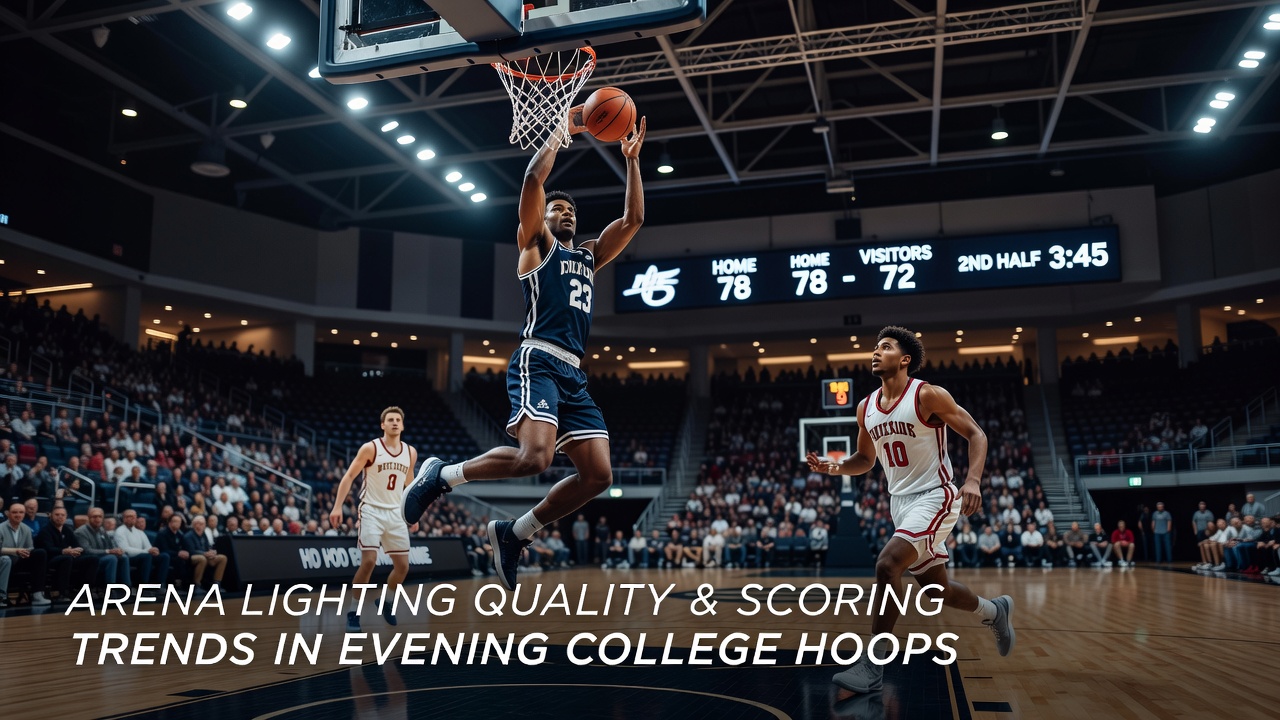 Close-up view of basketball players shooting under bright arena lights in an evening college game