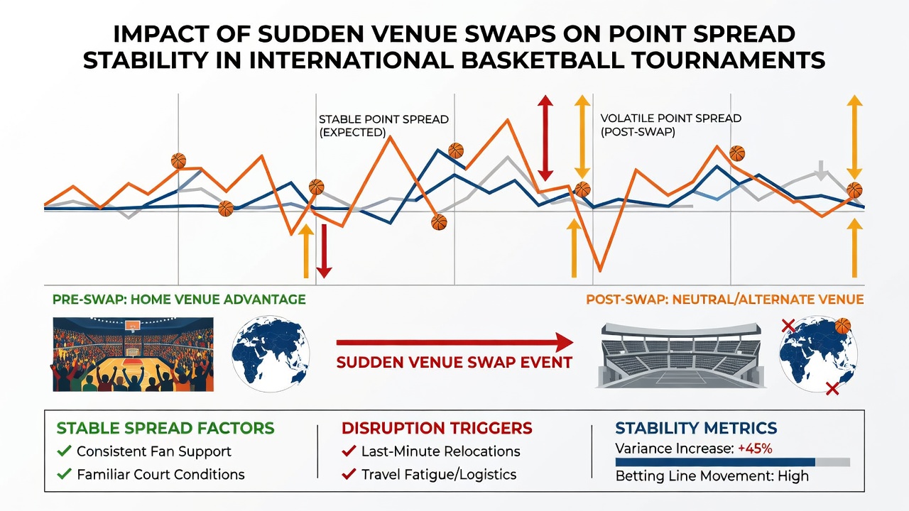 Data visualization chart displaying point spread movements across multiple international basketball games following venue announcements