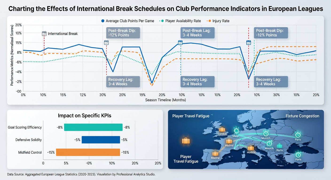 Detailed graphs illustrating shifts in European club statistics around international breaks