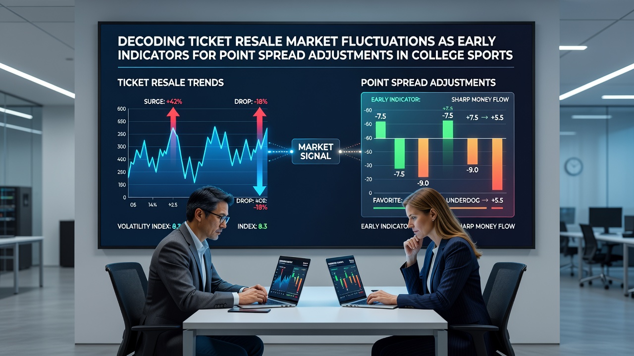 College basketball fans at a conference tournament game with overlaid betting market indicators