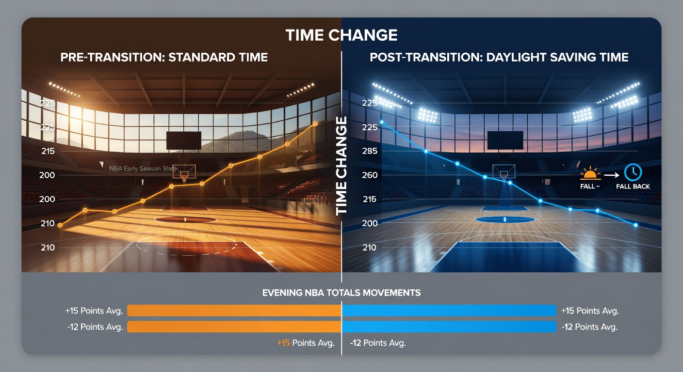Evening NBA arena with clock showing post-daylight saving time adjustment and teams in action