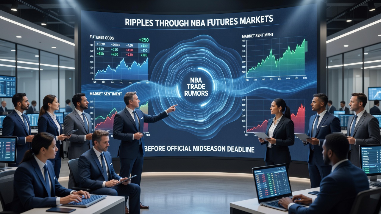 Betting analysts reviewing NBA futures odds boards during active trade rumor periods