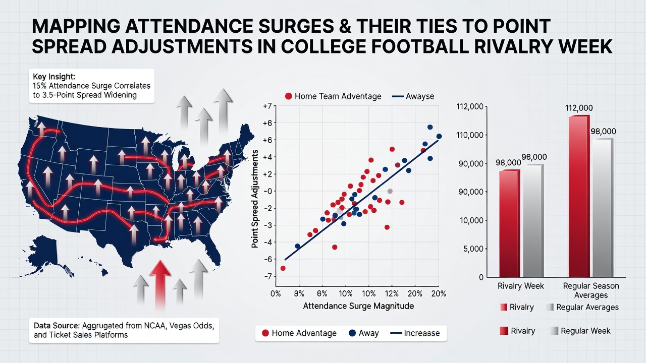 Betting line movement chart overlaid on a college football field, illustrating how point spreads adjust with rising attendance data during rivalry weeks