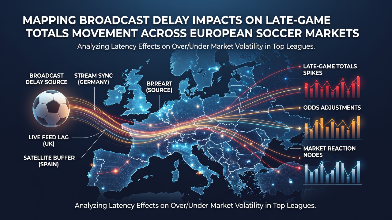 Broadcast delay visualization showing timing offsets in European soccer transmissions and their correlation with live betting totals shifts