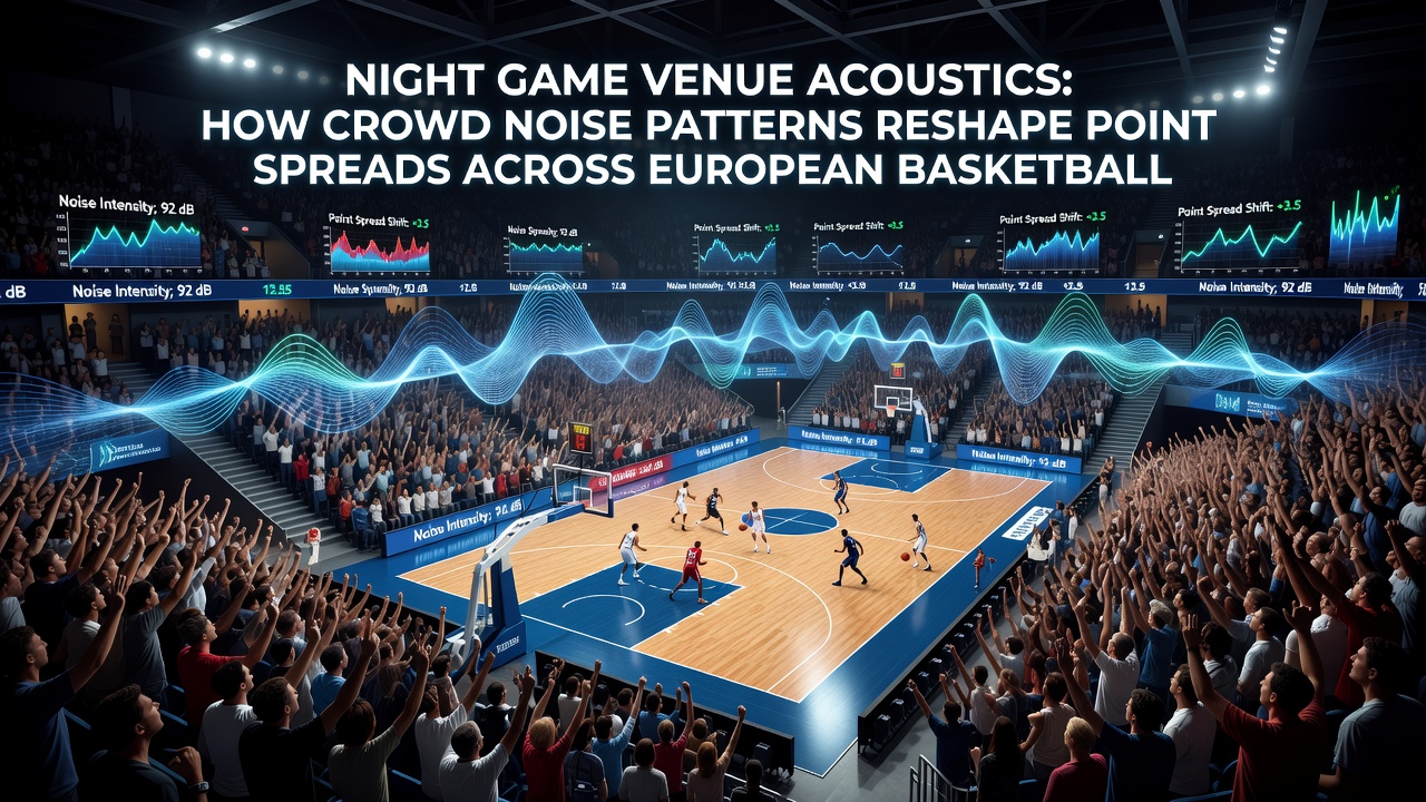 Acoustic mapping overlay on a basketball court illustrating sound wave concentration near visitor bench areas during a high-attendance winter fixture