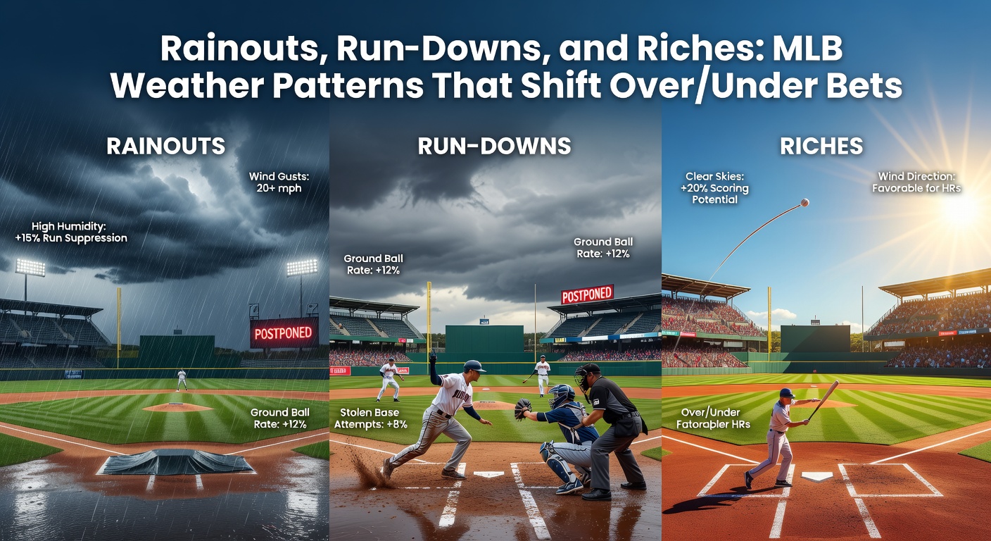 A rain-drenched MLB field with players slipping on wet grass under gray skies, highlighting weather's chaos in baseball