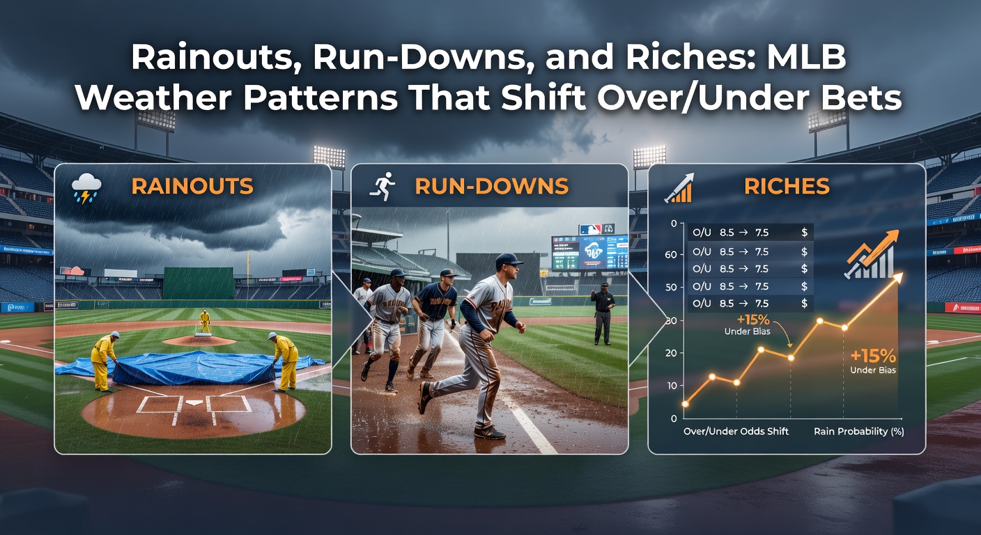 Wind-swept baseball stadium with fly balls curving dramatically, illustrating how gusts favor hitters or pitchers in MLB parks