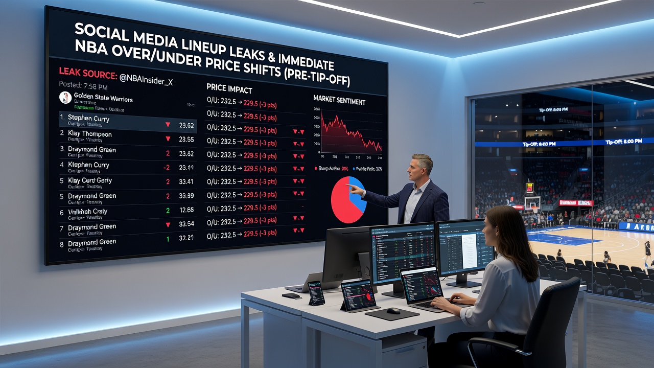 Close-up of a betting terminal displaying shifting NBA over/under odds after a lineup leak