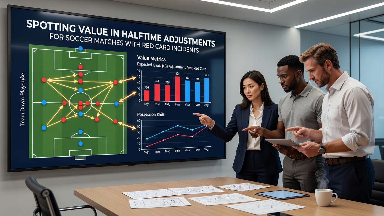 Soccer match action showing a red card incident and halftime adjustments on the pitch