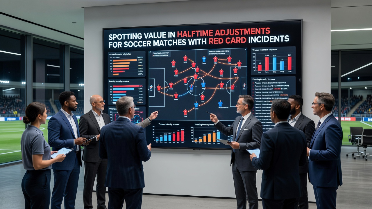 Analysts reviewing halftime statistics and betting adjustments after a red card in a soccer game