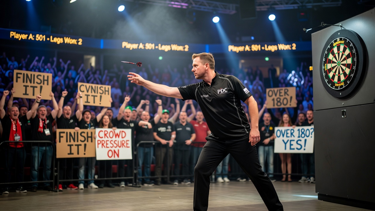 Close-up view of a darts player preparing a finishing throw with spectators visible in the background