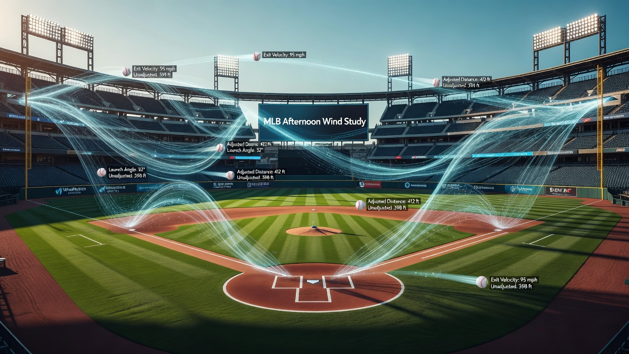Close-up of a baseball in flight with wind vector arrows showing how afternoon sea breezes alter trajectory in a coastal stadium