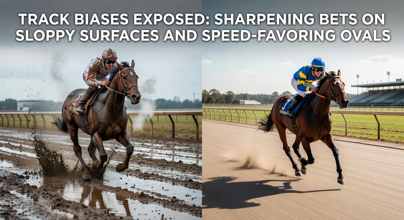 Aerial view of a muddy horse racing track during a race, showing horses kicking up slop on a sloppy surface