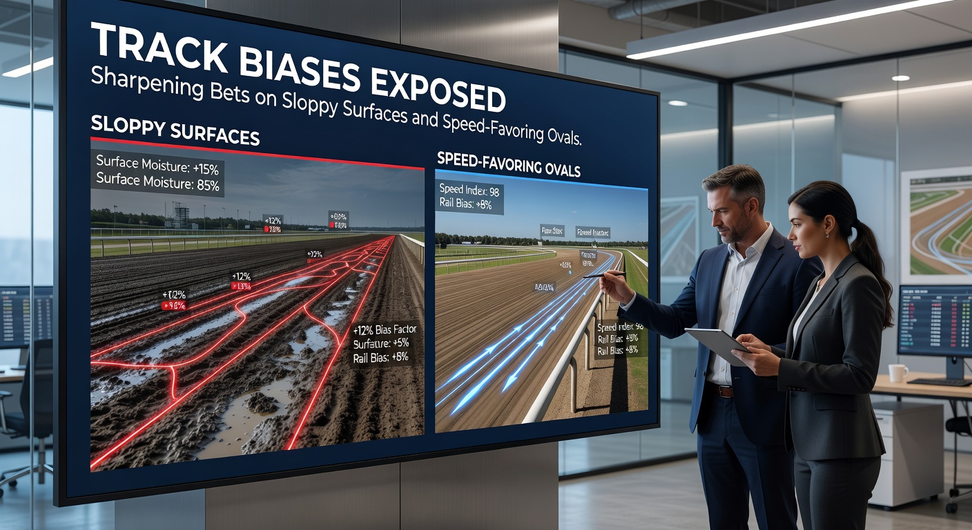 Horses rounding a turn on a dry, fast oval track, with the leader pulling away comfortably on the speed-favoring surface