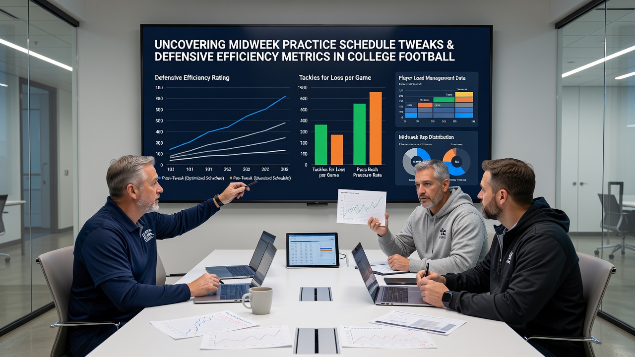 Coaches reviewing defensive film with players in a meeting room ahead of a college football game