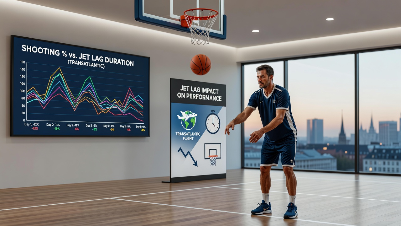 Basketball players reviewing shooting mechanics after long-haul flights in a European arena